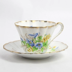 Vintage Gladstone Bone China Tea Cup And Saucer White Gold Trim Blue Flowers