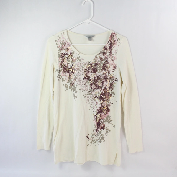 Christopher & Banks Women's White Long Sleeve Floral Pattern Shirt Size Small