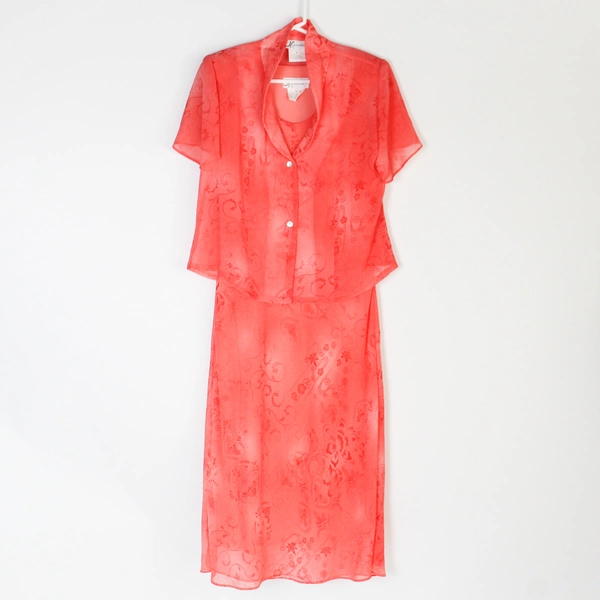 Dressbarn 2-Piece Set Women's Sleeveless Lined Dress SS Jacket Floral Coral Sz 8