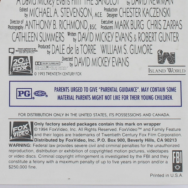 The Sandlot VHS 1993 Baseball Family Comedy Classic
