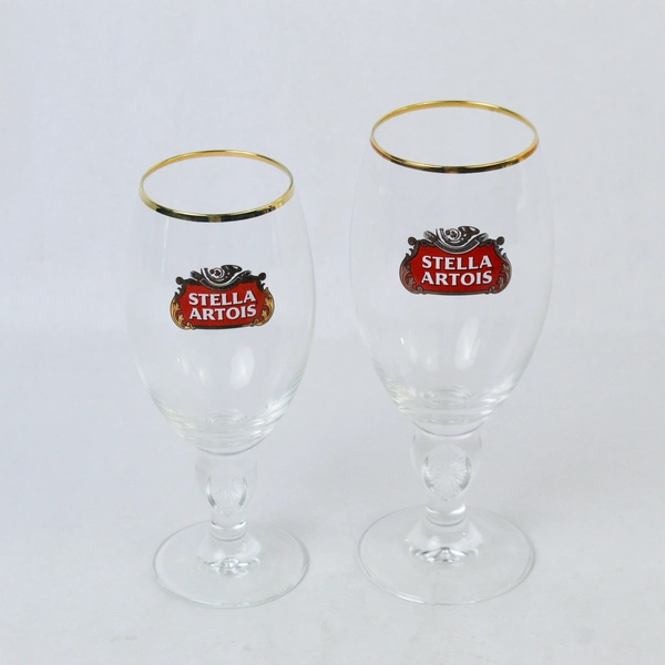 Lot of 2 Stella Artois Belgium Crystal Beer Glasses Gold Rim
