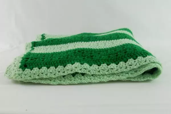 Vintage Handmade Knit Crochet Throw Afghan Light Green Dark Green Blanket