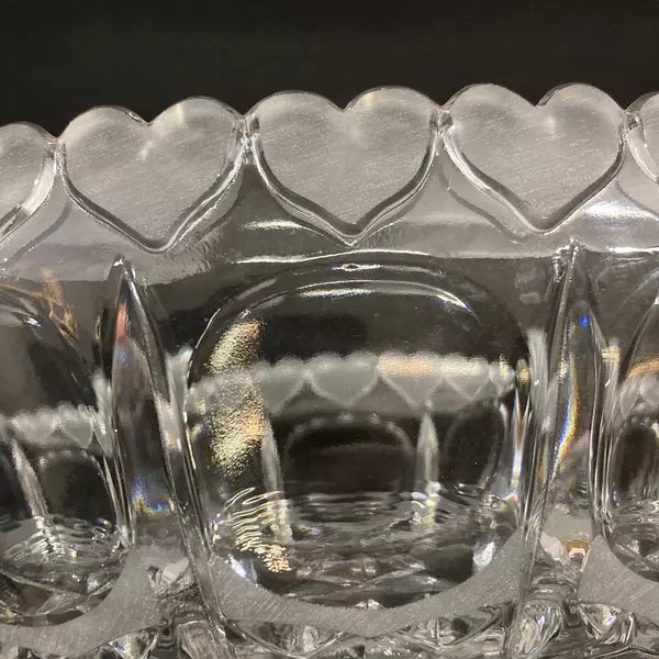 Heavy Oval Crystal Celery Dish With Etched Hearts On The Rim 10"