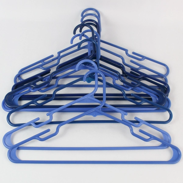 Lot of 10 Shades of Blue Plastic Tubular Clothes Hangers with Clothing Indents