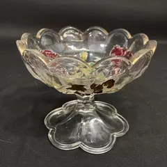 Vintage Footed Glass Bowl Scalloped Edge Embossed Hand Painted Flowers