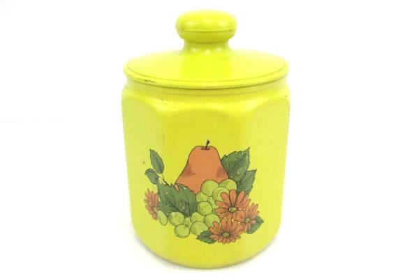 KROMEX Lidded Metal Painted Mustard Yellow #K-5982 Fruit Design Canister Jar