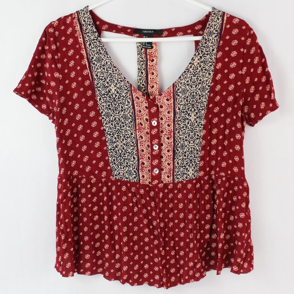 Forever 21 Red Navy Peasant Style 1/2 Button Up Blouse Women's Small