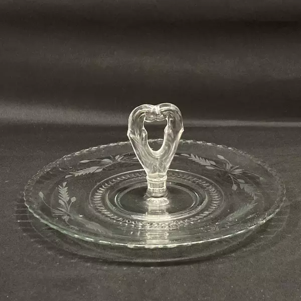 Vintage Etched Glass Tidbit Tray With Heart Center Handle