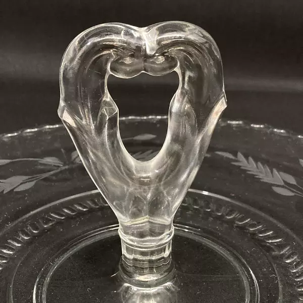 Vintage Etched Glass Tidbit Tray With Heart Center Handle