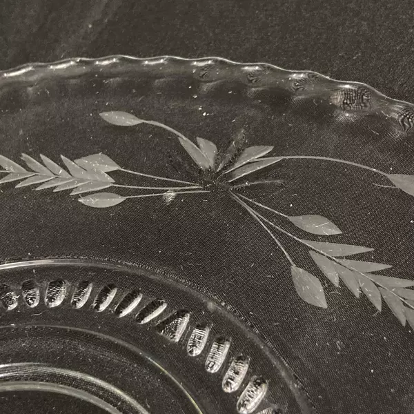 Vintage Etched Glass Tidbit Tray With Heart Center Handle