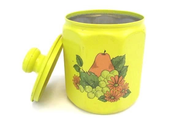 KROMEX Lidded Metal Painted Mustard Yellow #K-5982 Fruit Design Canister Jar