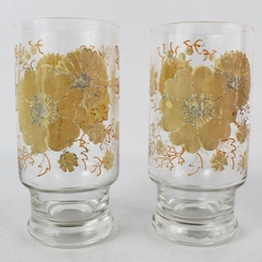 2 Mid Century Glass Tumblers Clear With Yellow Flowers Orange Leaves Hearts
