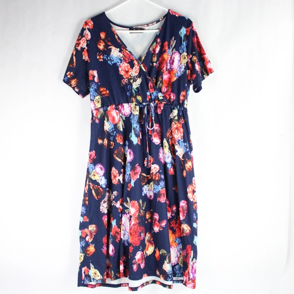 Amzplus Navy Floral Patterned Midi Dress Women's Size XL