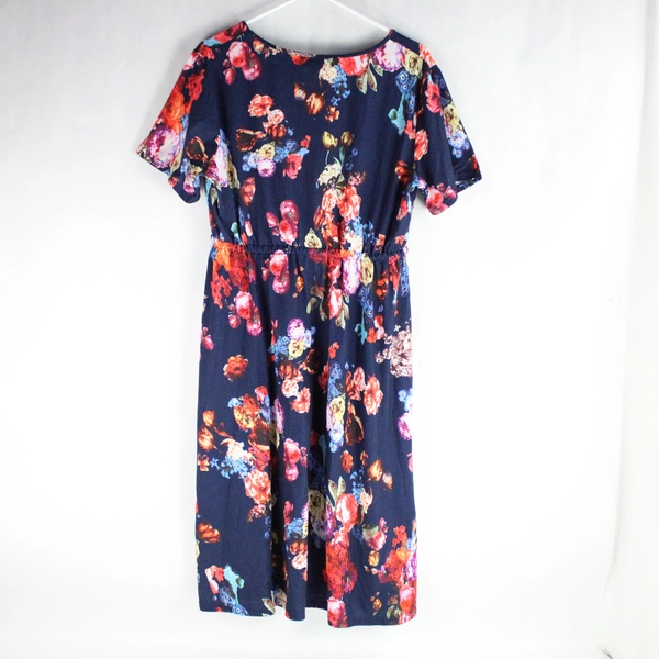 Amzplus Navy Floral Patterned Midi Dress Women's Size XL