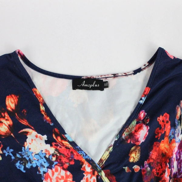 Amzplus Navy Floral Patterned Midi Dress Women's Size XL