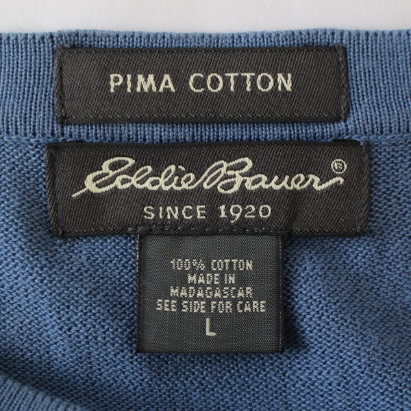 Eddie Bauer Men's Blue V Neck Short Sleeve Sweater 100% Pima Cotton Size Large