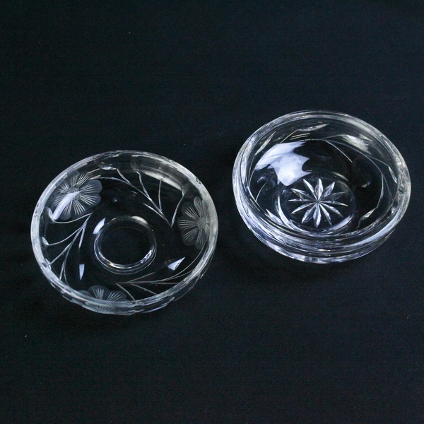 Clear Cut Glass Hair Receiver Dish Round Etched Floral Vanity Trinket Box