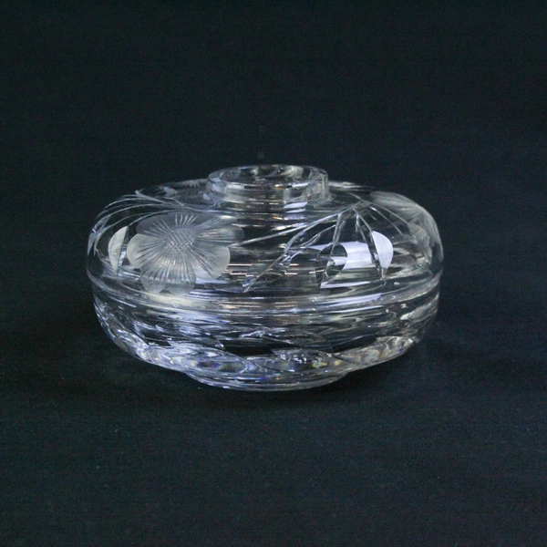 Clear Cut Glass Hair Receiver Dish Round Etched Floral Vanity Trinket Box