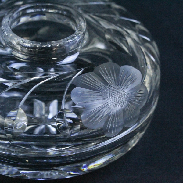 Clear Cut Glass Hair Receiver Dish Round Etched Floral Vanity Trinket Box