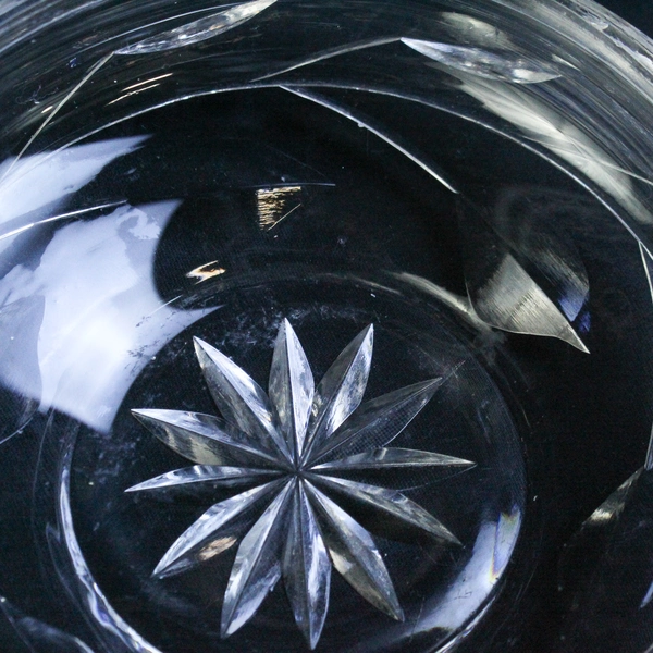 Clear Cut Glass Hair Receiver Dish Round Etched Floral Vanity Trinket Box