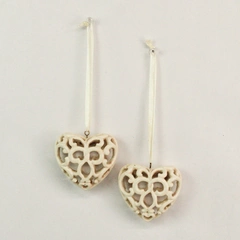 Lot of 2 Heart Romantic Victorian Style Ornaments White Ribbon Hanger