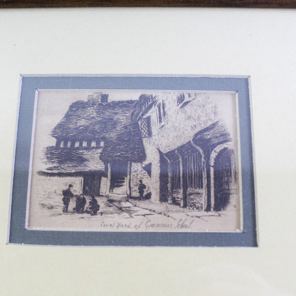 2 Vintage Steel Engraving Framed Drawings Court Yard Grammer School On Avon