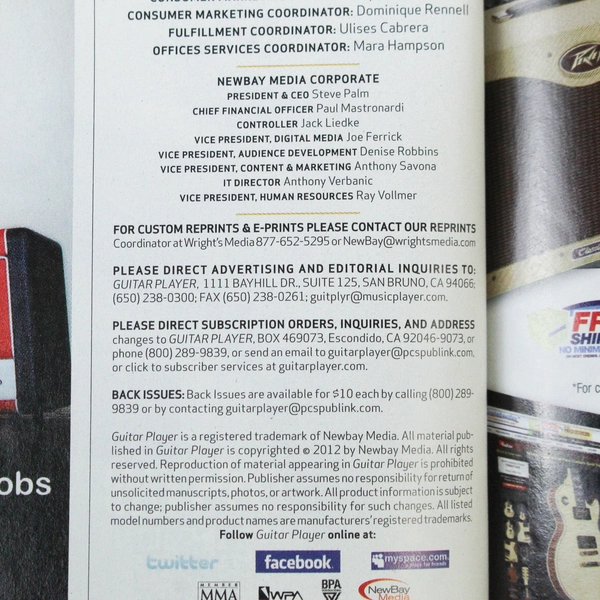 Guitar Player Magazine Holiday 2012 Earl Slick New York Dolls