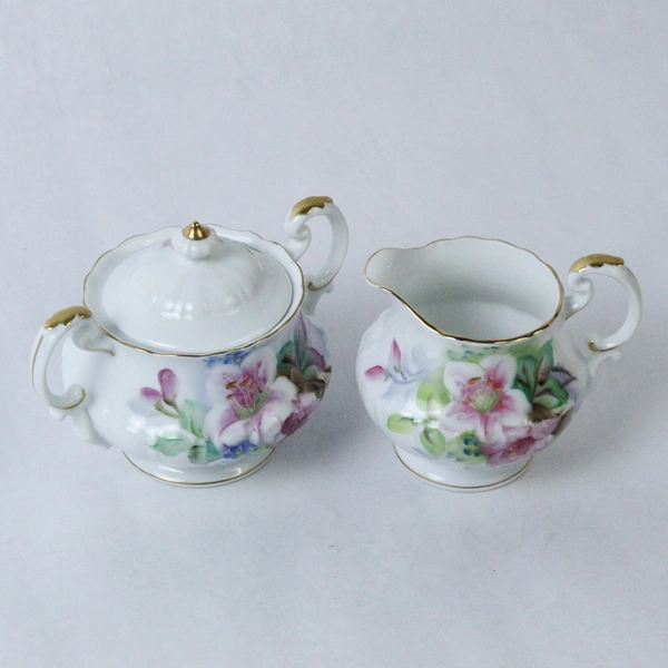Vtg Takiro Hand Painted Porcelain Creamer And Sugar Bowl White Pink Flowers