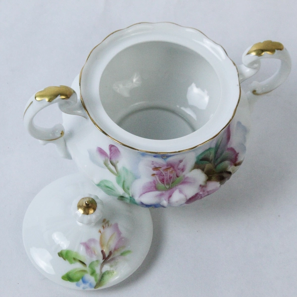 Vtg Takiro Hand Painted Porcelain Creamer And Sugar Bowl White Pink Flowers