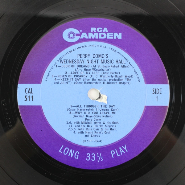 Perry Como’s Wednesday Night Music Hall CAL-511 LP 12in Vinyl Record Album
