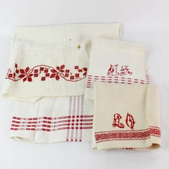 Lot of 4 Beige Red Embroidered Kitchen Linens Stains DIY Fabric Cutters