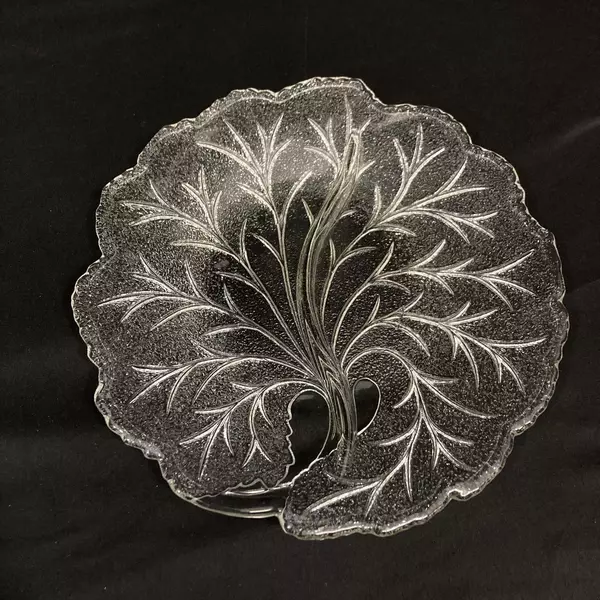 Vintage Indiana Glass Pebble Leaf 2 Part Relish Dish Tree Like Pattern