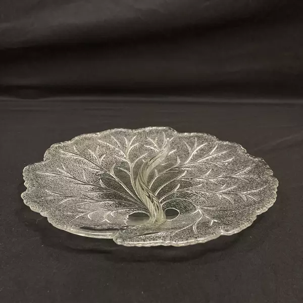 Vintage Indiana Glass Pebble Leaf 2 Part Relish Dish Tree Like Pattern