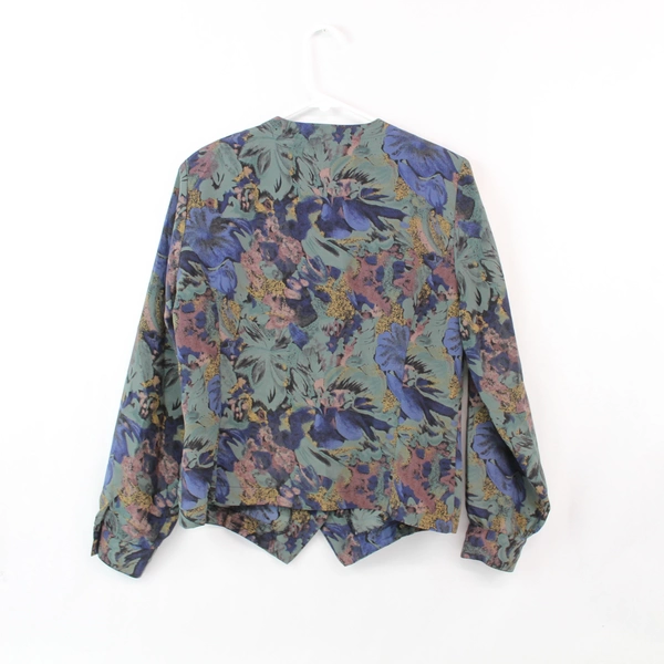 Bora Bora Shirt Top Blouse Women's Size M Green Navy Blue Floral Button Up