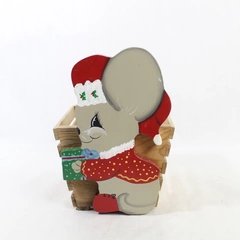 Wooden Christmas Basket Box with Mouse in Holiday Attire - Home Decor