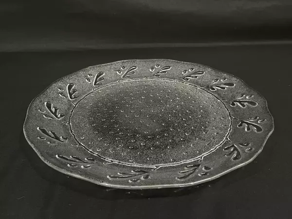 Textured Glass Platter with Leaf Pattern Rim 12.5" Diameter Good Condition
