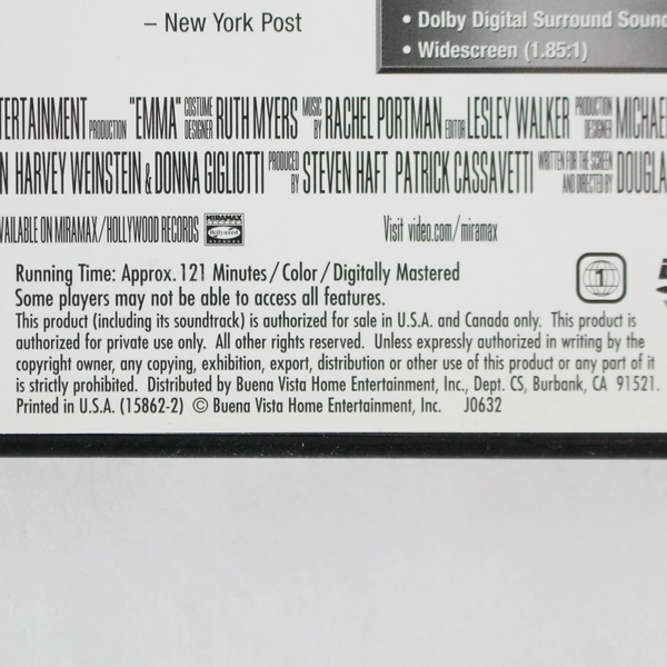 DVD Emma Starring Gwyneth Paltrow 1996 Miramax