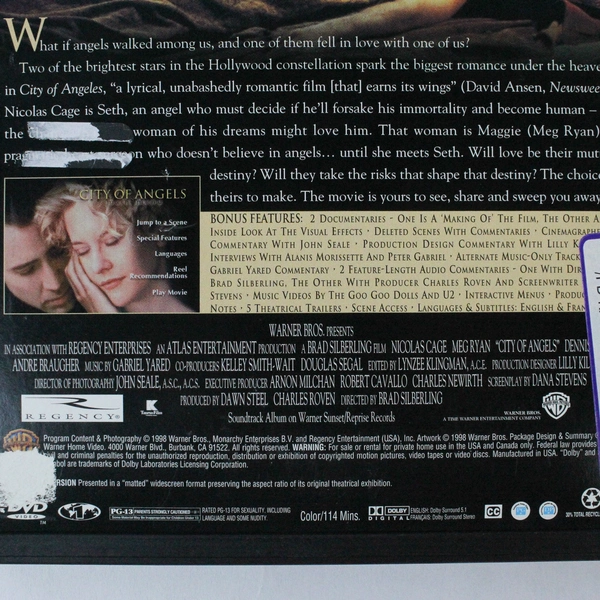 City Of Angels Special Edition DVD 1998 Meg Ryan Nicolas Cage Warner Bros