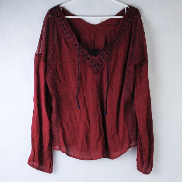 Vanilla Star Shirt Top Blouse Women's XXL Red Raw Hem Drawstring Long Sleeves
