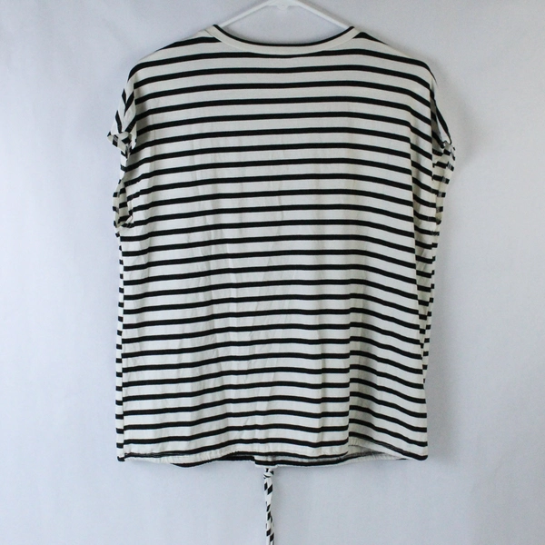 Green Envelope Shirt Top Blouse Women's L Black White Stripes Short Sleeves