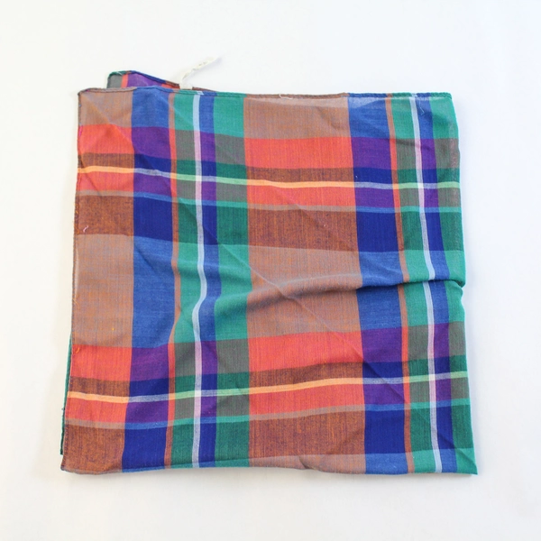 Vintage Blue Plaid Handkerchief Viscose Polyester Blend 22" Made in France