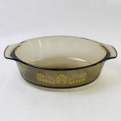 Vintage Smoked Amber Glasbake Oval Glass Casserole Dish Yellow Daisy