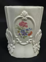 Vintage Cream Porcelain Vase with Embossed Flowers Decorative Planter