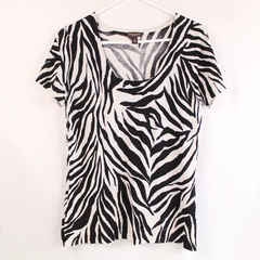 Dana Buchman Women's Zebra Stripe Top Black White Ruffle Cap Sleeve M