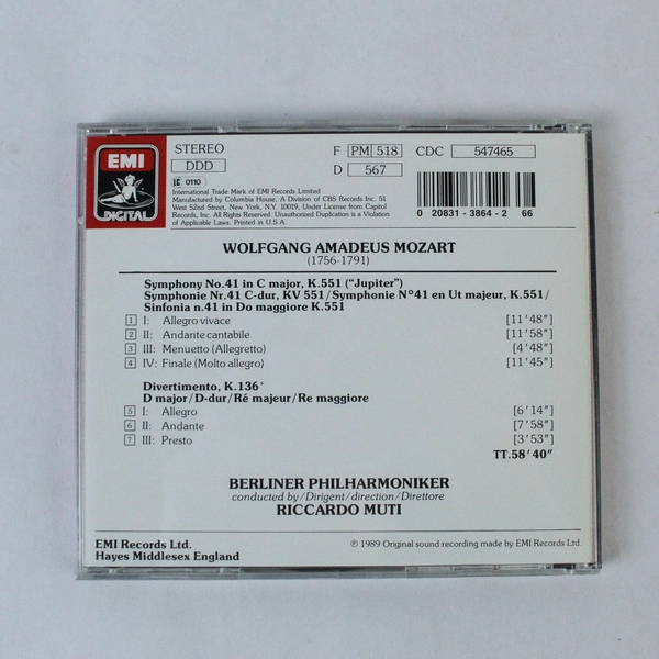 Mozart Symphony No. 41 Jupiter CD Berlin Philharmonic Riccardo Muti