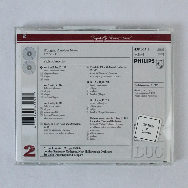 Violin Concertos 1-5 by Mozart Grimiaux Davis Lso CD 1993 Philips Classics