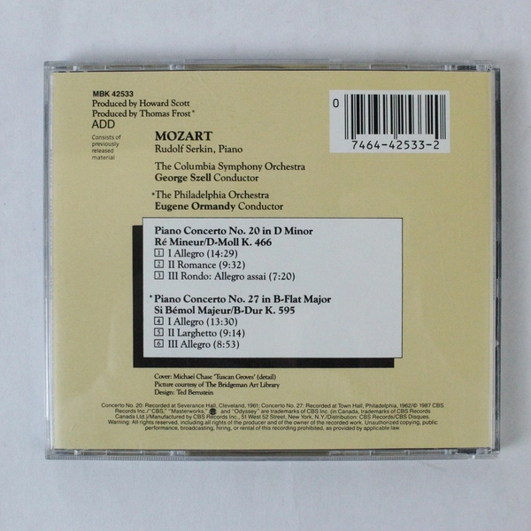 Mozart Piano Concerti 20 and 27 Serkin Wolfgang Amadeus Mozart CD Music