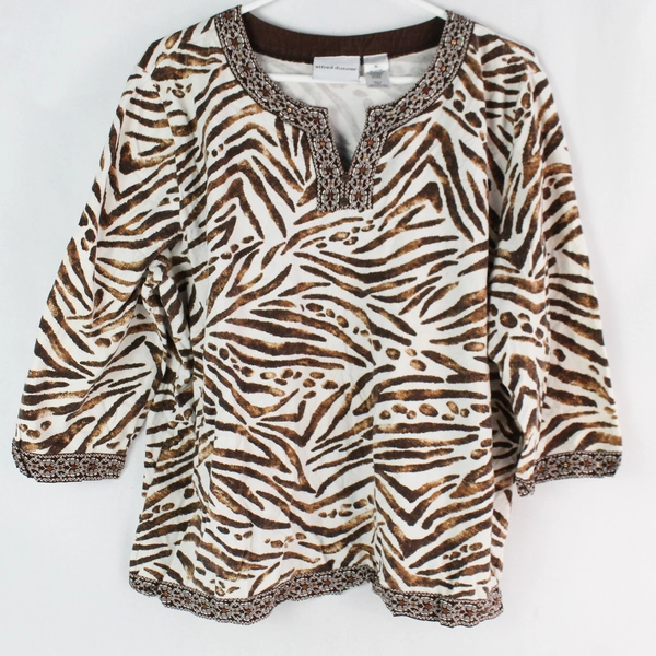 Alfred Dunner White and Brown Zebra Pattern Half-Sleeve Shirt Women's Size XL