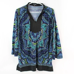 Notations Blue and Green Patterned Collared Mandala Top Women's Size Large