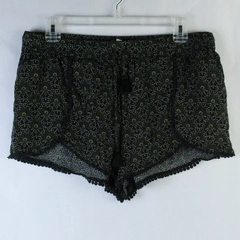 Ecote Women's Size L Summer Shorts Black Green Floral Edge Tasseled Accents
